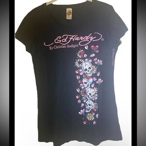 Women's Vintage Ed Hardy Christian Audigier Skulls Y2K T-Shirt Black Medium